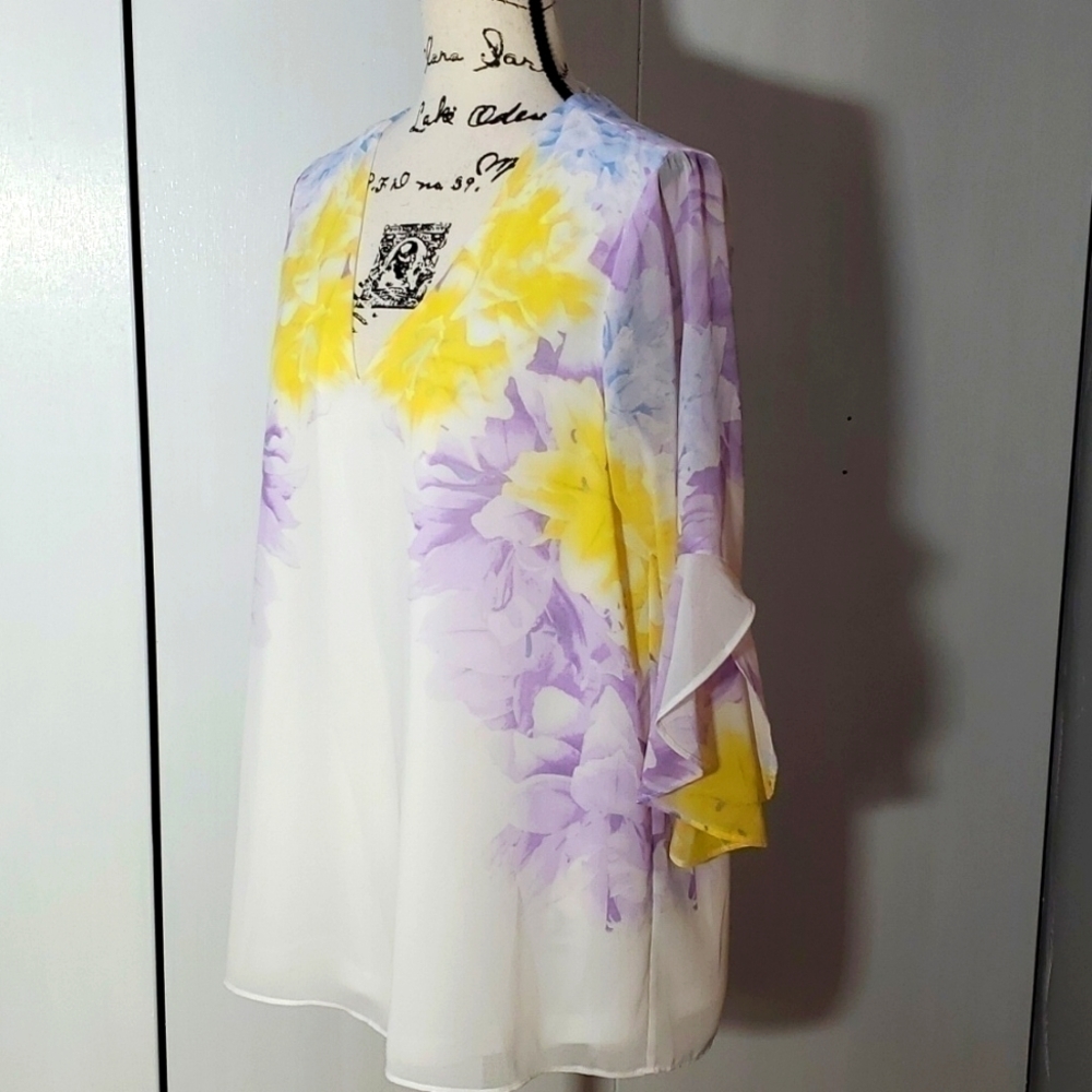 Calvin Klein| Womens White/Yellow Floral Chiffon Top Artsy Modern Sz.M